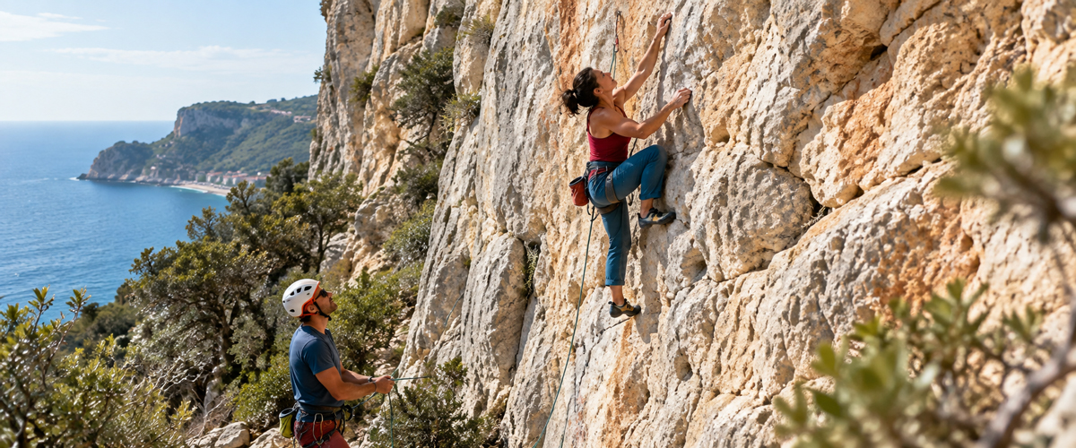 Climbing in Finale Ligure in autumn on the cliffs of the Finale Outdoor Region with views over Liguria