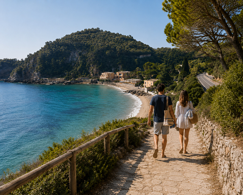 Summer view of Varigotti and Baia dei Saraceni with crystal-clear sea and Ligurian coastline